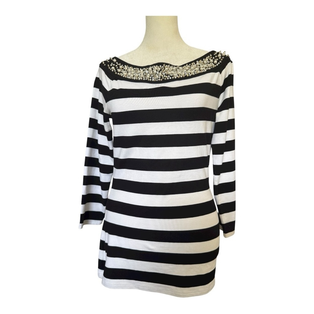 White House Black Market Stripe Black & White Bateau Holiday Dressy Top NWT